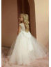 Gold Lace Ivory Tulle V Back Flower Girl Dress